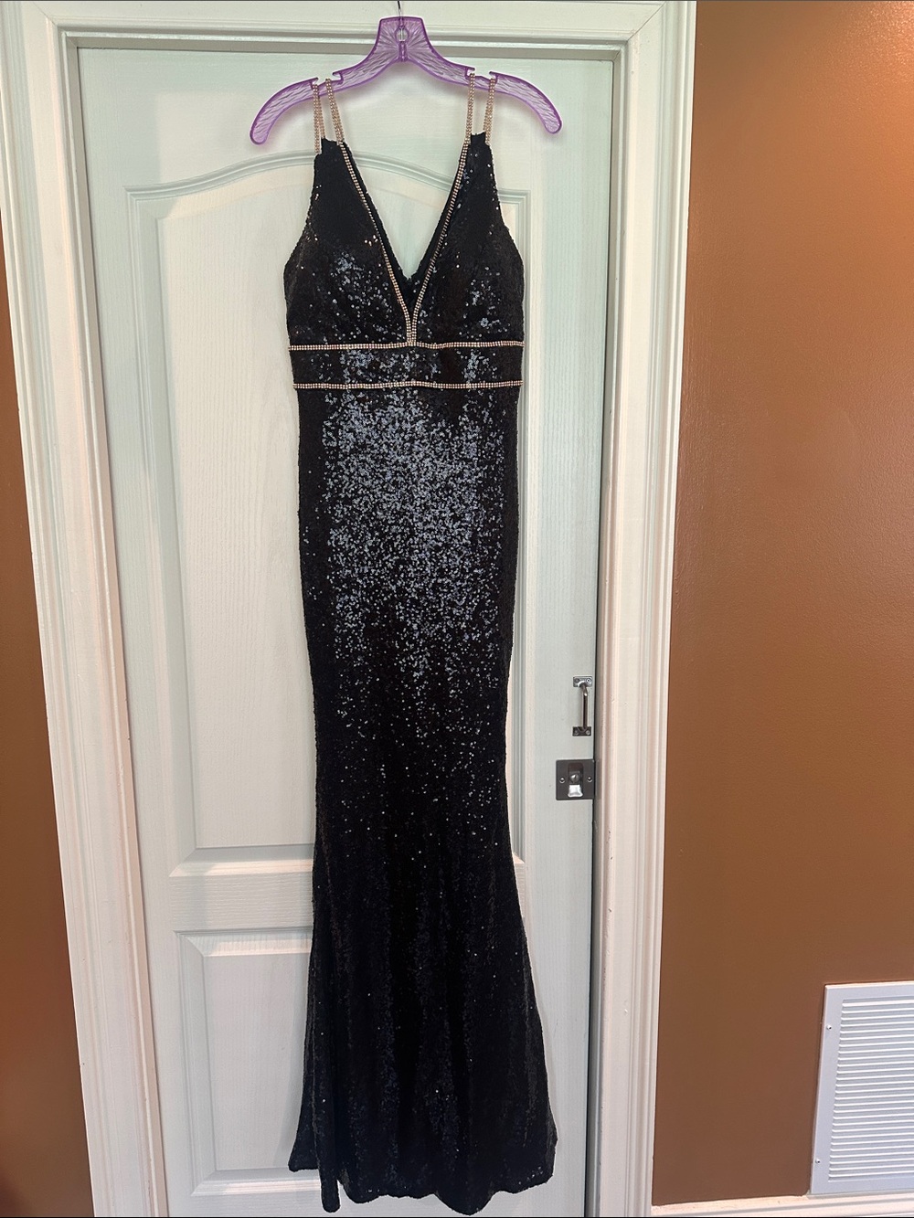 Fashion Nova Black Sequin Mermaid Gown with Rose Gold iridescent Trim